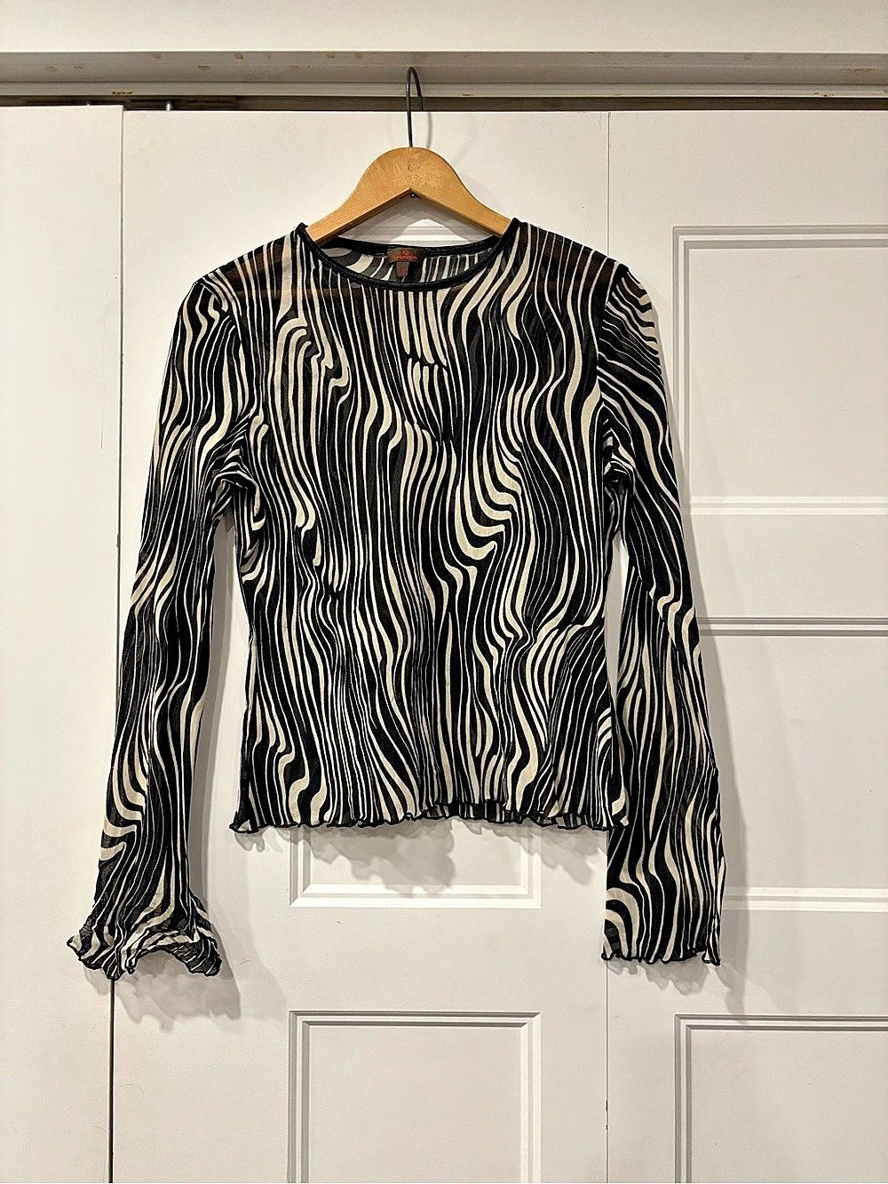 Danier zebra print Long Sleeve Mesh Top in Black & Cream Size L/G